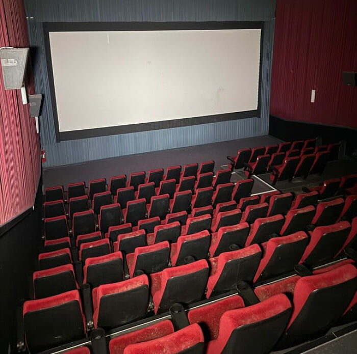 Empty movie theater with red and black seats facing a blank screen, illustrating a lucrative loophole exploited by people.