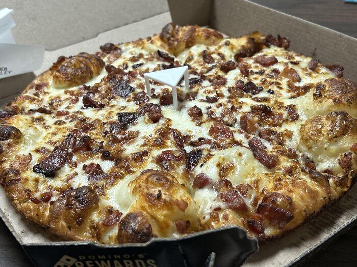 Close-up of a bacon and cheese pizza in a box, illustrating a lucrative loophole exploited unapologetically.