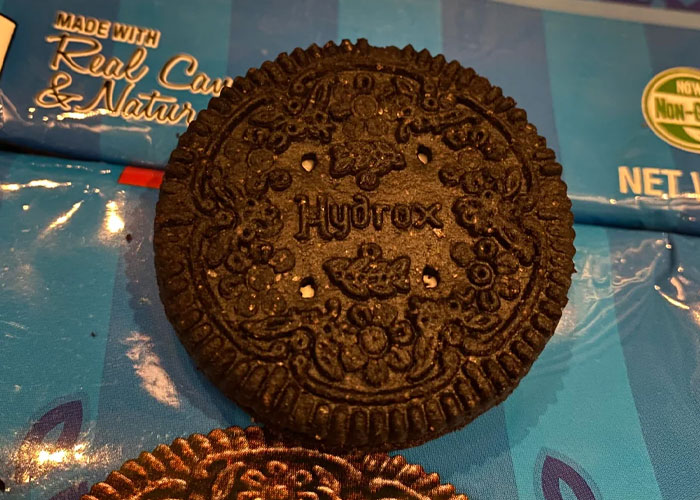 Hydrox cookie on blue packaging, an example of discontinued foods many people are upset about losing.