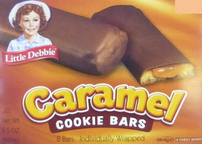 Little Debbie Caramel Cookie Bars close-up showing caramel filling, a popular discontinued food product many people miss.