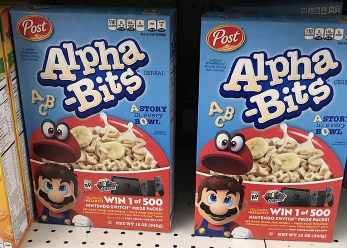 Two boxes of discontinued Alpha-Bits cereal with Mario character on a store shelf, popular items people are upset about losing.