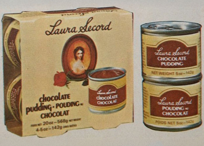 Laura Secord chocolate pudding in vintage discontinued packaging on a beige background, a nostalgic discontinued food item.