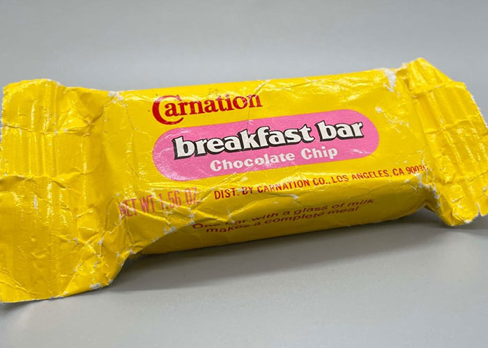 Discontinued Carnation breakfast bar chocolate chip candy wrapper representing foods people are upset about.