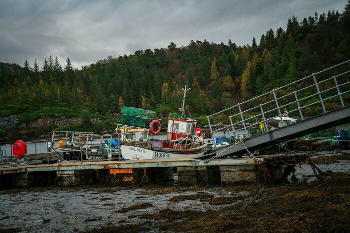 Fishing boat docked at a pier near a forested hillside, illustrating a wild and absurd true story about receiving a car as a tip.