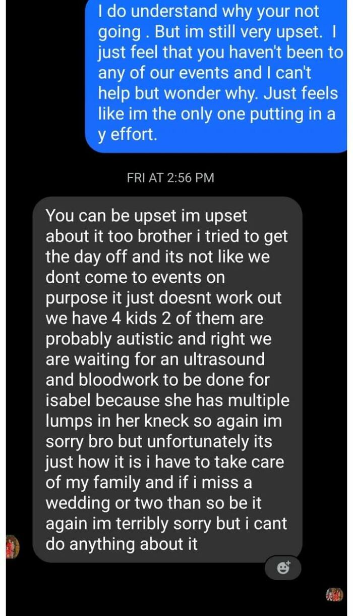 Text message exchange showing emotional conflict with family, illustrating messy times people turned to the internet instead of therapy.