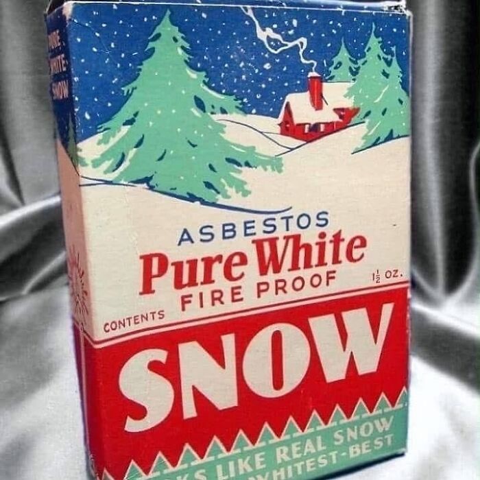 Vintage asbestos fireproof snow product packaging, an old object showing stories about our ancestors and past safety practices.