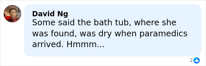 Comment about provocative influencer found in hotel bathtub, mentioning paramedics and dry tub at arrival. Comment about provocative influencer found in hotel bathtub, mentioning paramedics and dry tub at arrival.