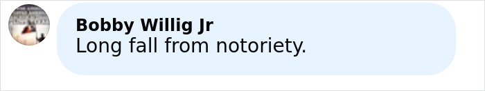 Screenshot of a social media comment by user Bobby Willig Jr saying long fall from notoriety.