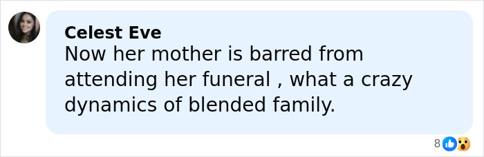 Comment by Celest Eve discussing the blended family dynamics after teen slain in cruise incident.
