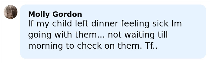 Comment from Molly Gordon expressing concern about a child feeling sick after dinner, highlighting parental vigilance.