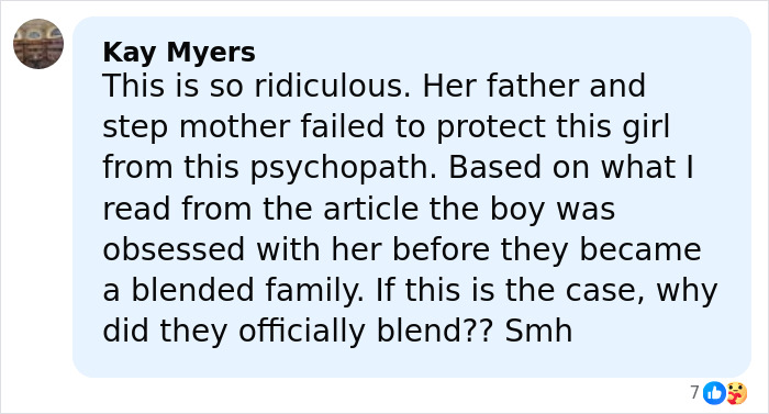 Facebook comment by Kay Myers discussing stepbrother obsession with teen slain on cruise and family protection failure.