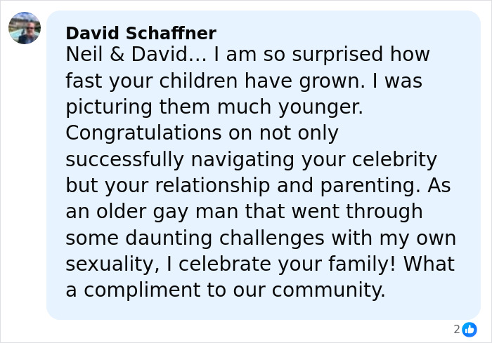 Comment praising Neil Patrick Harris and David for successfully parenting their grown-up daughter Harper, celebrating their family and community.