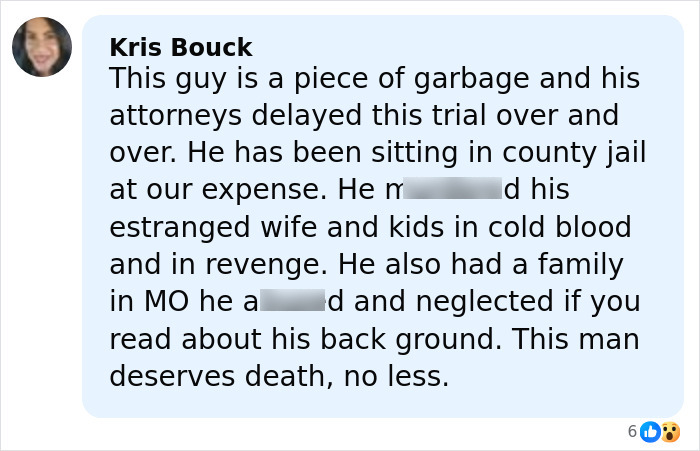 Alt text: Comment condemning celebrity chef found guilty of slaying entire family, mentioning cold-blooded revenge and trial delays.
