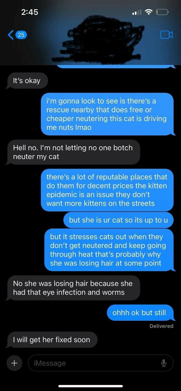 Text message conversation about neutering a cat shows messy times and overreacting moments shared online instead of therapy.