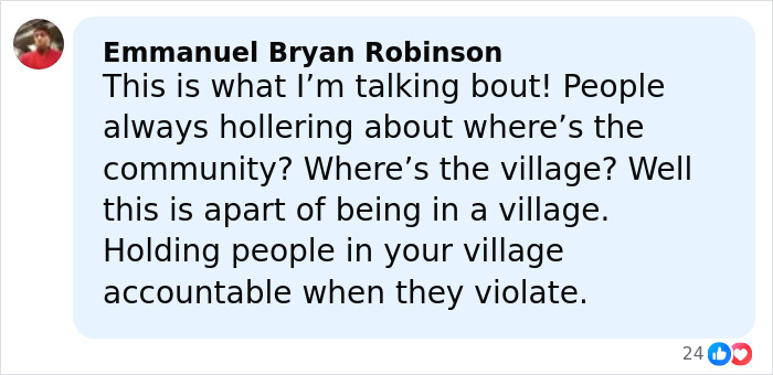Facebook comment by Emmanuel Bryan Robinson about community accountability after a pregnant woman is jumped by school kids.