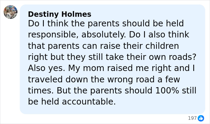 Facebook comment from Destiny Holmes discussing parental responsibility after pregnant woman attacked by young school kids.