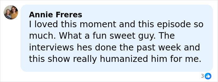 Comment from Annie Freres praising Glenn Powell for his heartfelt story about flying a UPS driver to SNL.