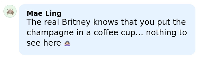 Comment from Mae Ling mentioning Britney Spears and a coffee cup, expressing disbelief and concern.