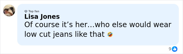 Comment from Lisa Jones reacting to Britney Spears appearance, mentioning low cut jeans and expressing disbelief.