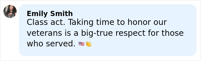Emily Smith praising veterans with a patriotic emoji in a comment honoring war veterans and their service.