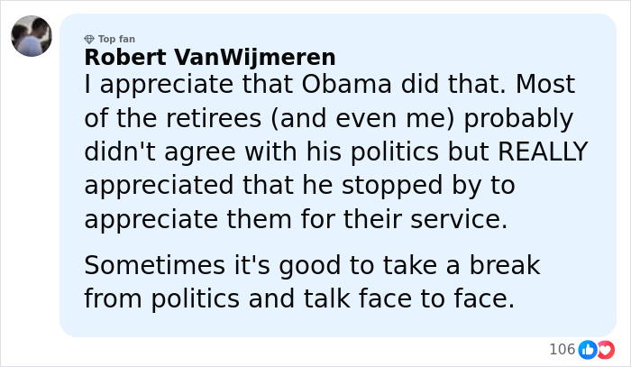 Barack Obama surprising a plane full of war veterans as they show emotional and heartfelt reactions to his visit.