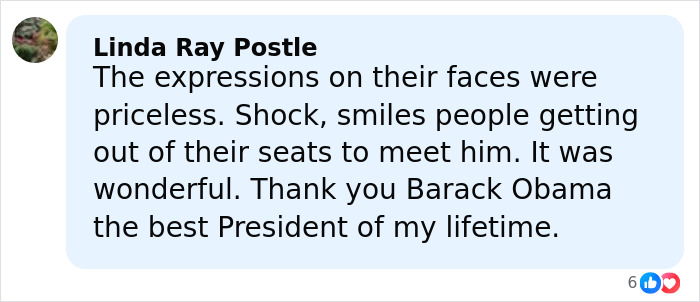 Comment praising Barack Obama surprising war veterans, highlighting their emotional reactions and gratitude for his visit.