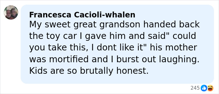 Facebook comment about great grandson’s brutally honest reaction, highlighting kids’ brutally honest nature going viral. Facebook comment about great grandson’s brutally honest reaction, highlighting kids’ brutally honest nature going viral.
