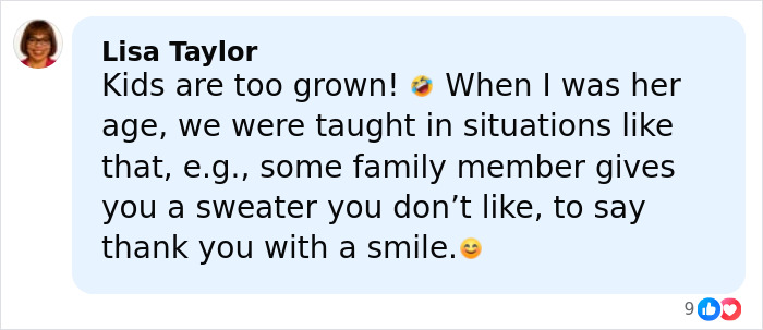 Facebook comment by Lisa Taylor sharing thoughts on kids’ reactions and manners in contrast to past generations. Facebook comment by Lisa Taylor sharing thoughts on kids’ reactions and manners in contrast to past generations.