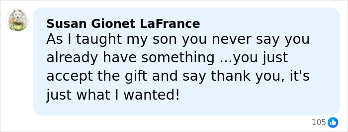 Facebook comment from Susan Gionet LaFrance sharing advice about accepting gifts with gratitude during Thanksgiving parade discussions. Facebook comment from Susan Gionet LaFrance sharing advice about accepting gifts with gratitude during Thanksgiving parade discussions.