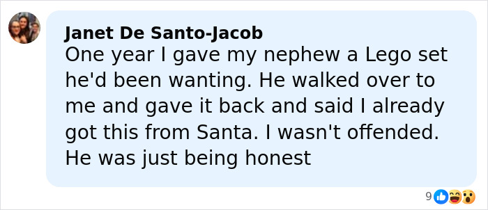 Comment from Janet De Santo-Jacob sharing a brutally honest reaction about a gift, reflecting a viral moment at Thanksgiving parade. Comment from Janet De Santo-Jacob sharing a brutally honest reaction about a gift, reflecting a viral moment at Thanksgiving parade.