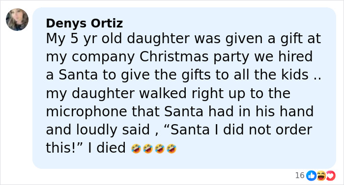 Comment from parent about little girl's brutally honest reaction to gift at holiday party, going viral online. Comment from parent about little girl's brutally honest reaction to gift at holiday party, going viral online.