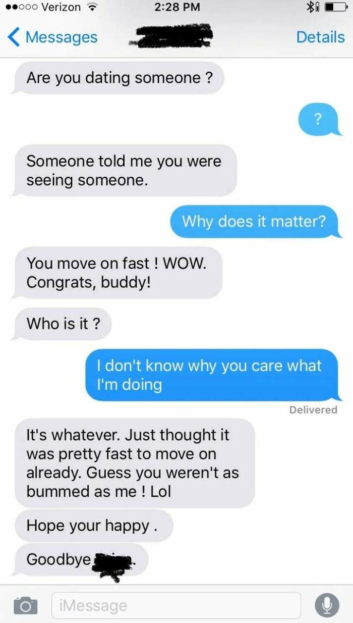 Text message conversation showing a messy interaction where someone questions dating and expresses mixed emotions.