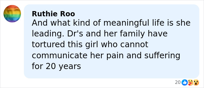 Comment on social media expressing concern about a woman born without most of her brain living 20 years in pain.