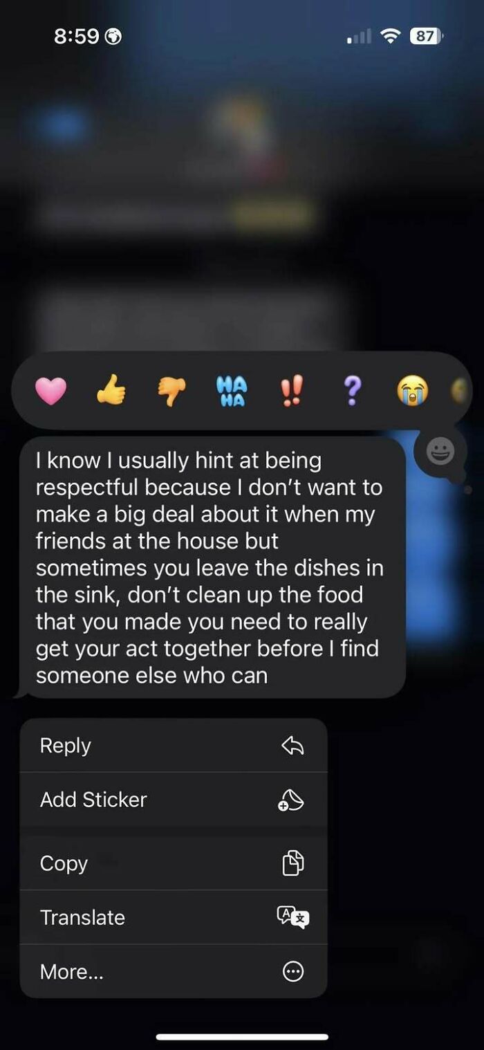 Text conversation showing a person expressing frustration about messy habits, highlighting overreacting and therapy themes.