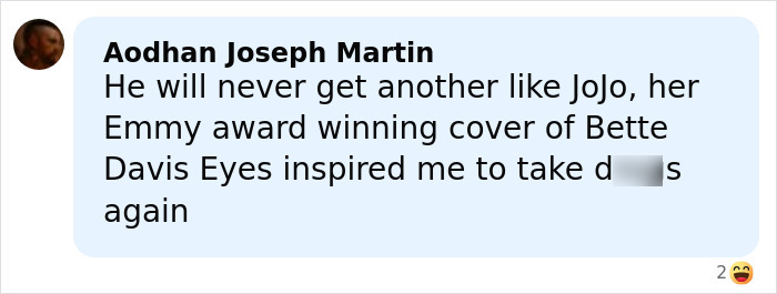 Fan comment expressing admiration for JoJo Siwa&rsquo;s Emmy-winning cover, reacting to Chris Hughes&rsquo; reality TV confession.