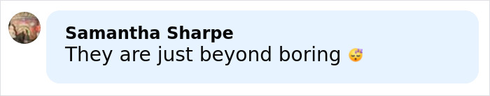 Comment from Samantha Sharpe reading They are just beyond boring with a sleepy face emoji, relating to JoJo Siwa's fans stunned and confused by Chris Hughes' reality TV confession.