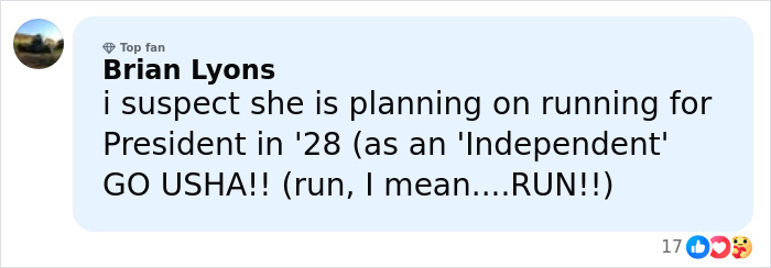 Comment by Brian Lyons suspecting Usha Vance's plans amid JD Kirk split rumors and ringless photo controversy. Comment by Brian Lyons suspecting Usha Vance's plans amid JD Kirk split rumors and ringless photo controversy.