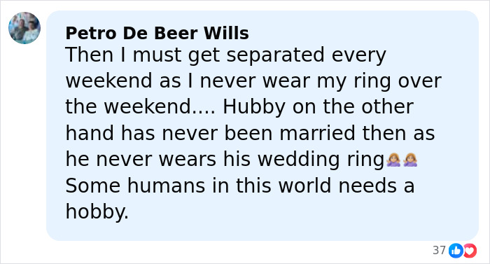 Comment by Petro De Beer Wills discussing ringless weekend and marriage rumors involving JD Kirk and Usha Vance. Comment by Petro De Beer Wills discussing ringless weekend and marriage rumors involving JD Kirk and Usha Vance.