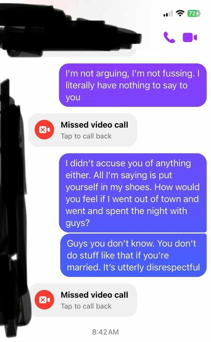 Text message conversation showing a couple discussing relationship boundaries and emotional reactions in a tense moment.