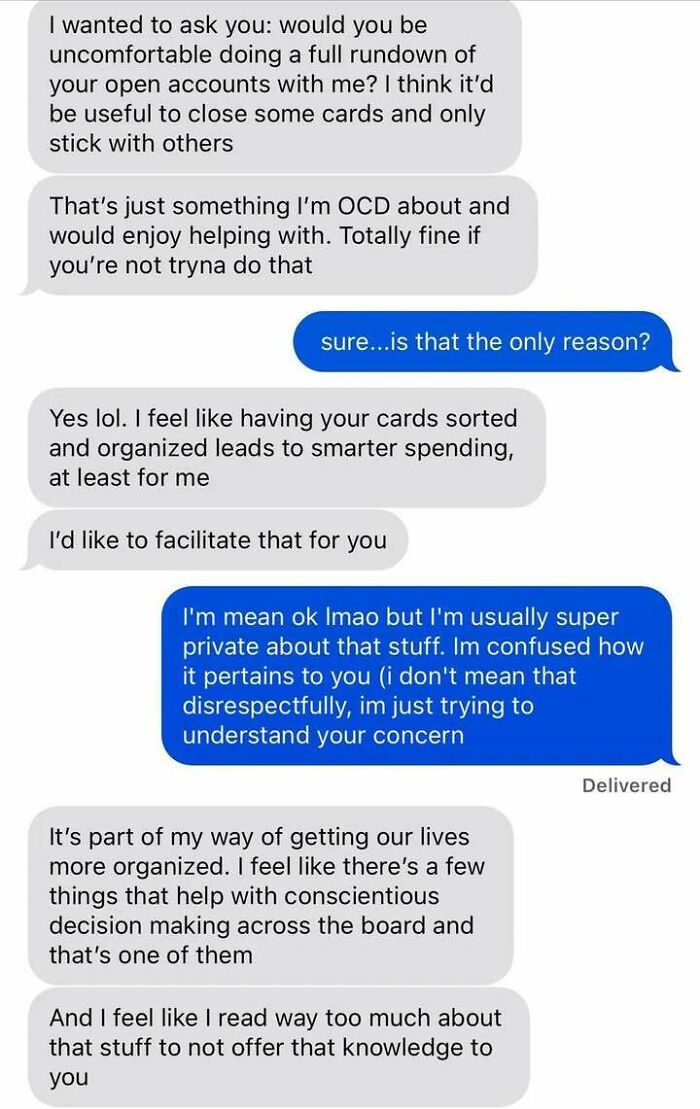 Text message conversation showing a messy moment where someone hesitates to share personal financial details, reflecting therapy avoidance.