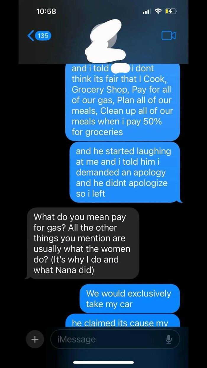 Text message conversation showing a messy relationship dispute where one person questions fairness and finances, reflecting therapy struggles.