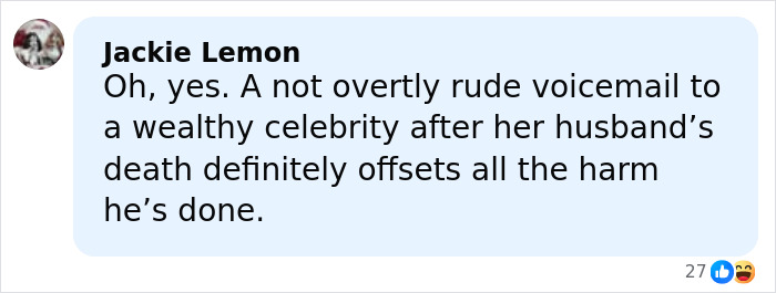 Comment by Jackie Lemon expressing opinion on voicemail Donald Trump left after Ozzy's death, reacting emotionally.
