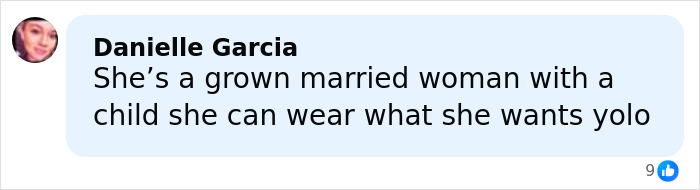 Comment by Danielle Garcia defending outfit choice on social media, discussing lingerie with a train and personal freedom.