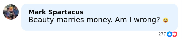 A Facebook comment by Mark Spartacus saying beauty marries money with a smiling emoji reacting to singer marriage rumors.