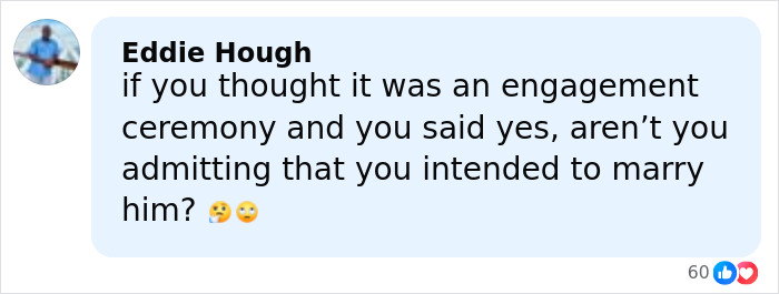 Comment by Eddie Hough questioning if saying yes to a ceremony implies intending to marry, related to singer and Malaysia&rsquo;s ex-king.