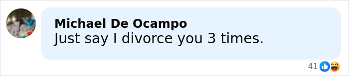 Screenshot of a Facebook comment saying Just say I divorce you 3 times, related to singer demanding a proper divorce from Malaysia&rsquo;s ex-king.