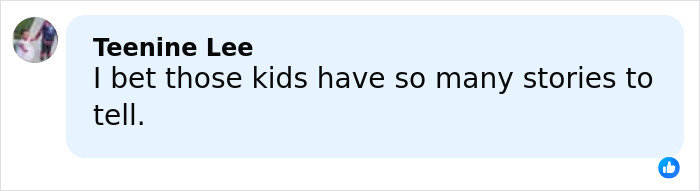 Person named Teenine Lee commenting about kids having many stories to tell on a social media post.