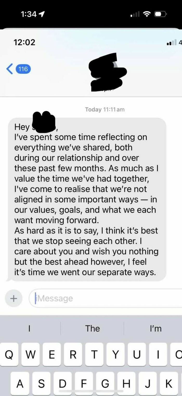 Text message on a phone showing a breakup message, reflecting messy times people turned to the internet instead of therapy.