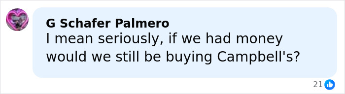 Comment on social media questioning Campbell's soup ingredients and money spent on their products.
