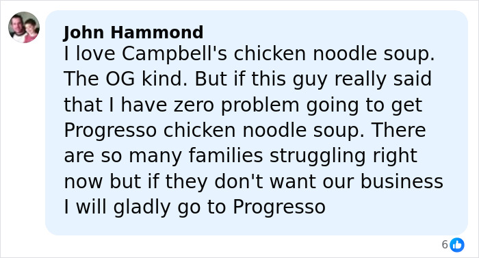 Commenter discussing Campbell's chicken noodle soup and reactions to executive's comments on the soup's ingredients.